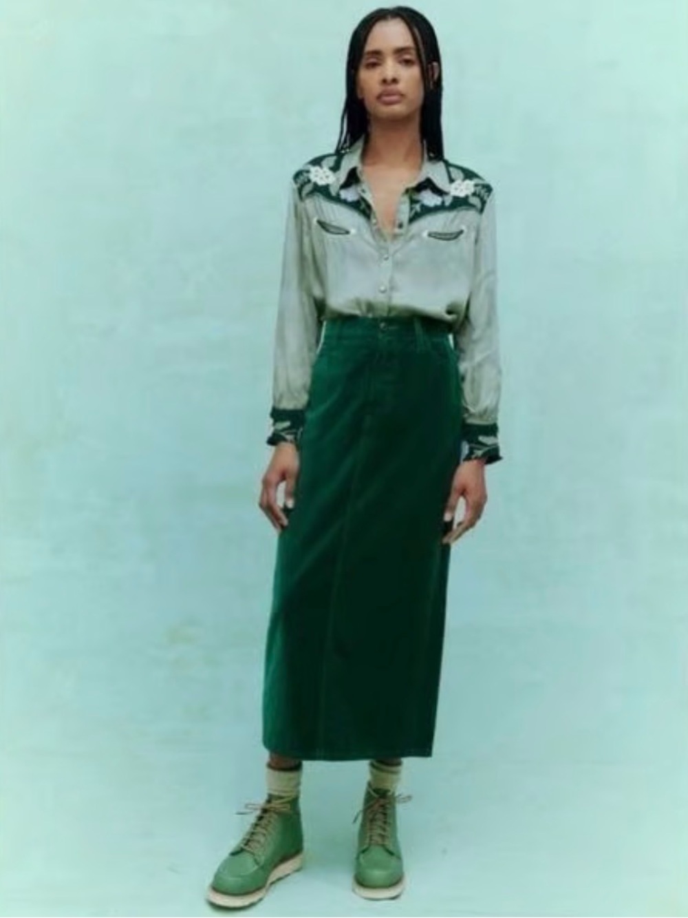 THE GREAT. Green velvety Maxi Skirt Sz 27